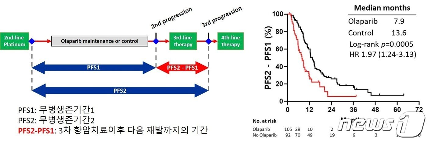 본문 이미지 - 3차 항암 치료 이후 다음 재발까지 기간을 나타내는 PFS2-PFS1이 올라파립군에서 대조군에 비해 약 5.6개월 정도 짧게 나타났다. (세브란스병원 제공) ⓒ 뉴스1