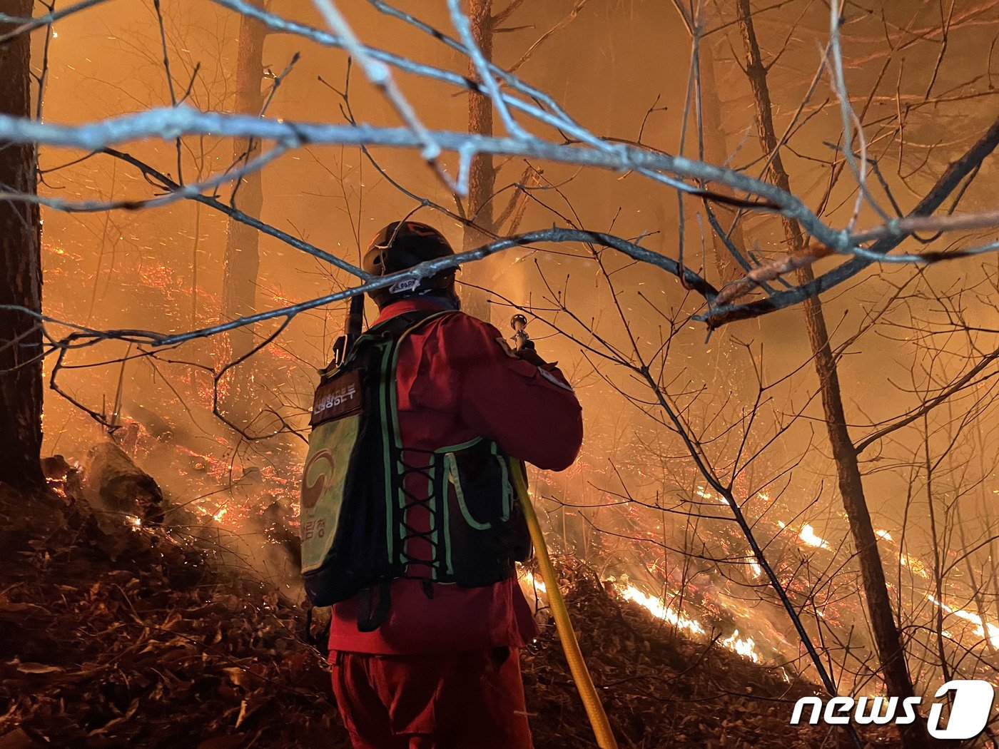 지난해 3월4일 강원도 산불 화재 지역에서 산림청 산림항공본부 대원이 지상 진화 작업에 나서는 모습. &#40;산림청 제공&#41; 2022.3.5/뉴스1 ⓒ News1 임세영 기자