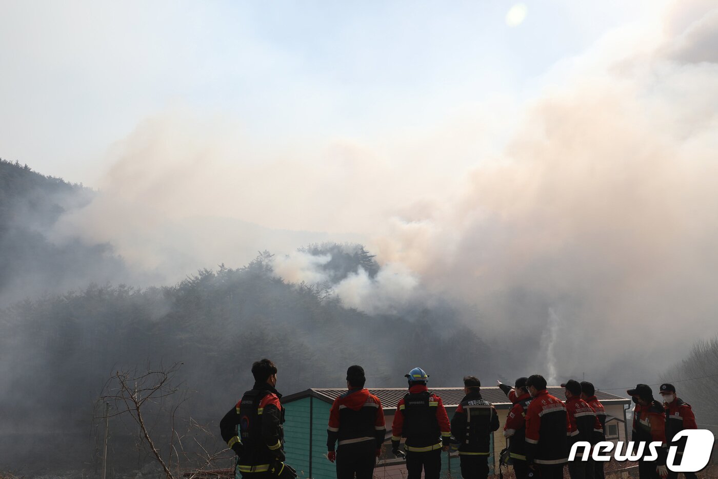 본문 이미지 - 경북 울진군 산불 사흘째인 6일 오전 울진군 북면 두천리 마을 뒷산에 불이 붙어 주변으로 번지자 산림 당국이 방화선 구축을 위한 회의를 하고 있다. 2022.3.6/뉴스1 ⓒ News1 공정식 기자