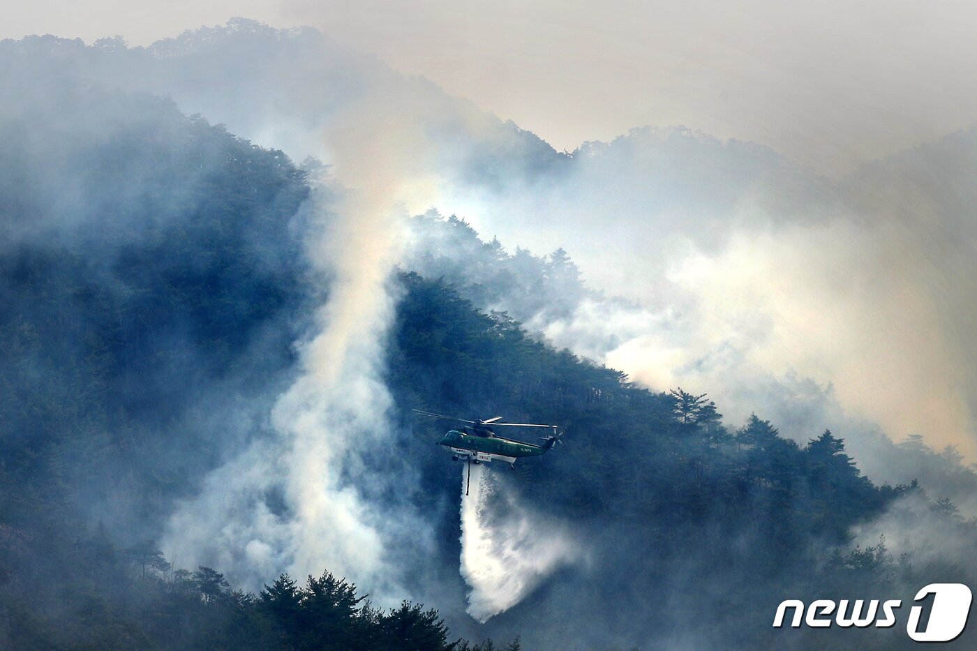 본문 이미지 - 6일 오후 강원 삼척시 사곡리 일대 야산에 경북 울진서 발생한 산불이 옮겨 붙어 소방 헬기가 진화작업을 벌이고 있다. 2022.3.6/뉴스1 ⓒ News1 민경석 기자