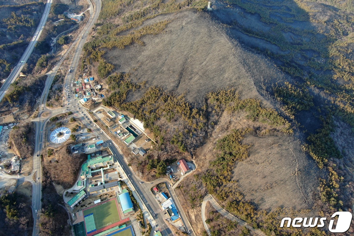 동해안 일대에 산불이 발생한지 사흘째를 맞이한 6일 강원 동해시 묵호동 일대 야산이 불에 타 검게 그을려 있다. 2022.3.6/뉴스1 ⓒ News1 민경석 기자