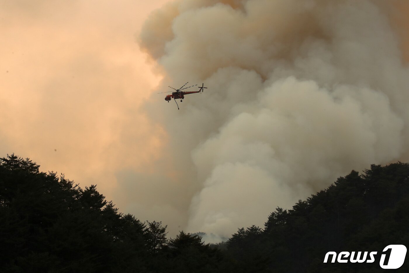 본문 이미지 - 경북 울진군 산불 사흘째인 6일 오후 산림청 헬기가 울진군 북면 덕구계곡 인근 산불을 끄기 위해 안간힘을 쏟고 있다. 2022.3.6/뉴스1 ⓒ News1 공정식 기자