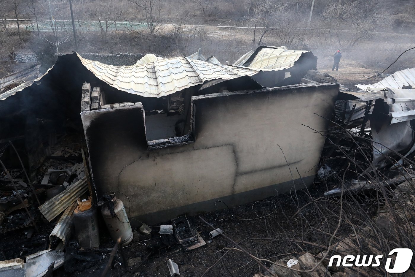 본문 이미지 - 지난 2022년 3월 6일 동해안 대형산불 발생 직후 강원 강릉시 옥계면 남양리의 한 가옥.  60대 A 씨의 방화로 시작된 불은강풍과 함께 대형산불로 번져 강릉·동해 일대 산림 4000㏊를 잿더미로 만들었다.&#40;뉴스1 DB&#41;