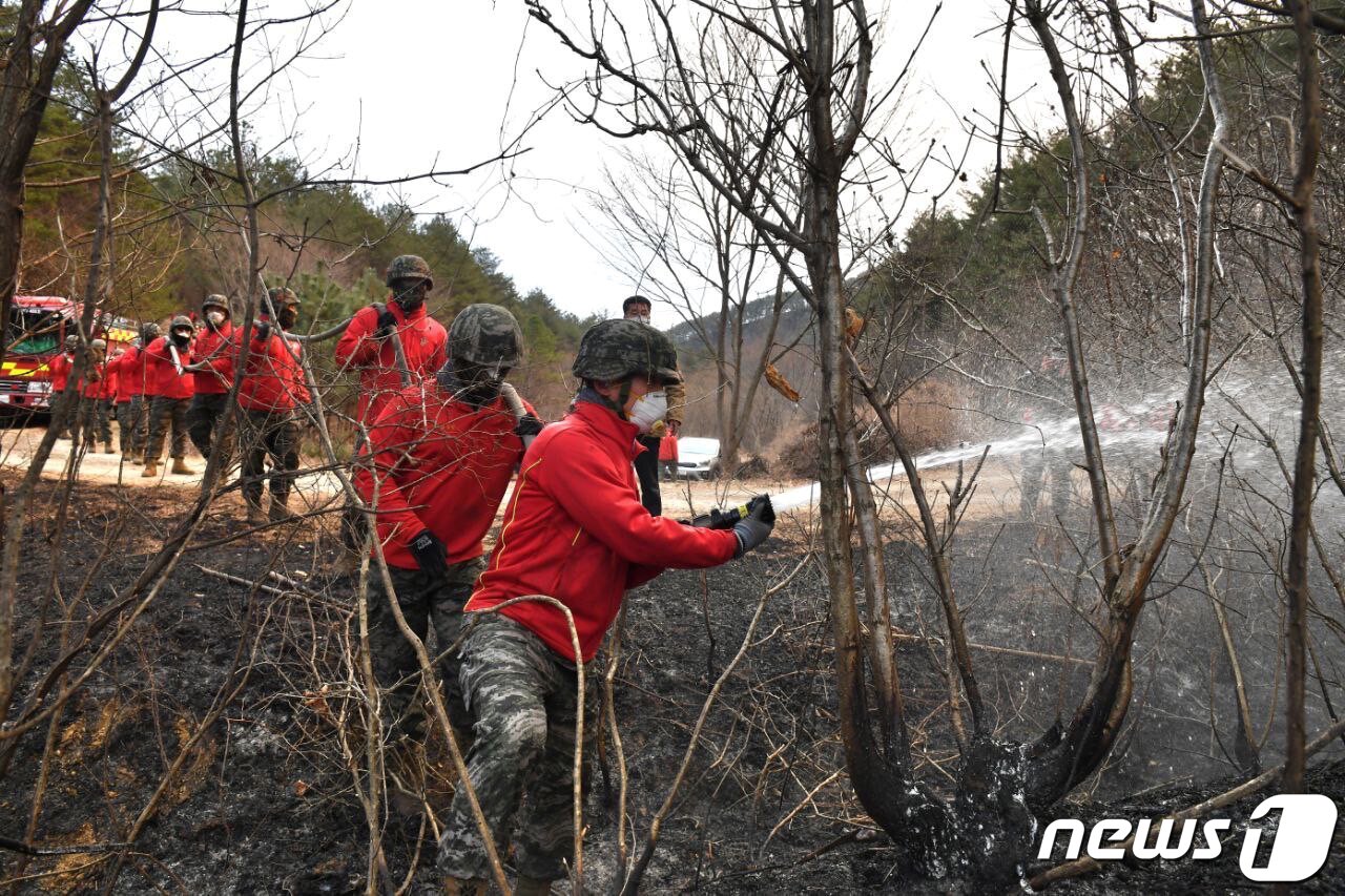 본문 이미지 - 경북 울진군 산불 사흘째인 6일 신속기동부대인 해병대가 울진읍 신림리와 후정리에 병력 900명을 파견 진화작업에 힘을 보태고 있다.해병대는 신속한 진화 작전을 위해 울진중,고등학교 등지에 숙영지로 이용하고 있다.(해병대1사단 제공)2022.3.6/뉴스1 ⓒ News1 최창호 기자