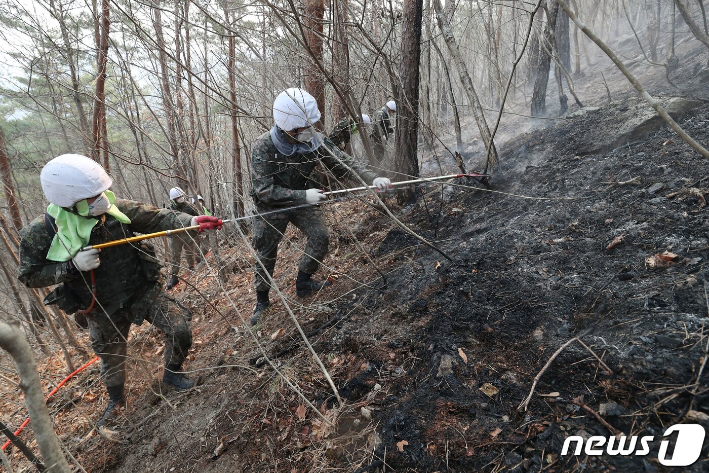본문 이미지 - 동해안 일대 산불이 발생한지 닷새째를 맞는 8일 육군 제22사단 장병들이 8일 오전 강원 삼척시 원덕읍 일대 야산에서 잔불진화 작업을 하고 있다. 8군단은 지난 4일부터 이날까지 22사단과 23경비여단 등 연인원 3800여명을 투입해 진화작업을 도왔다. 이날은 작전 4일차로 900여명의 병력과 수리온 헬기 13대가 진화작전에 투입된다. 2022.3.8/뉴스1 ⓒ News1 민경석 기자
