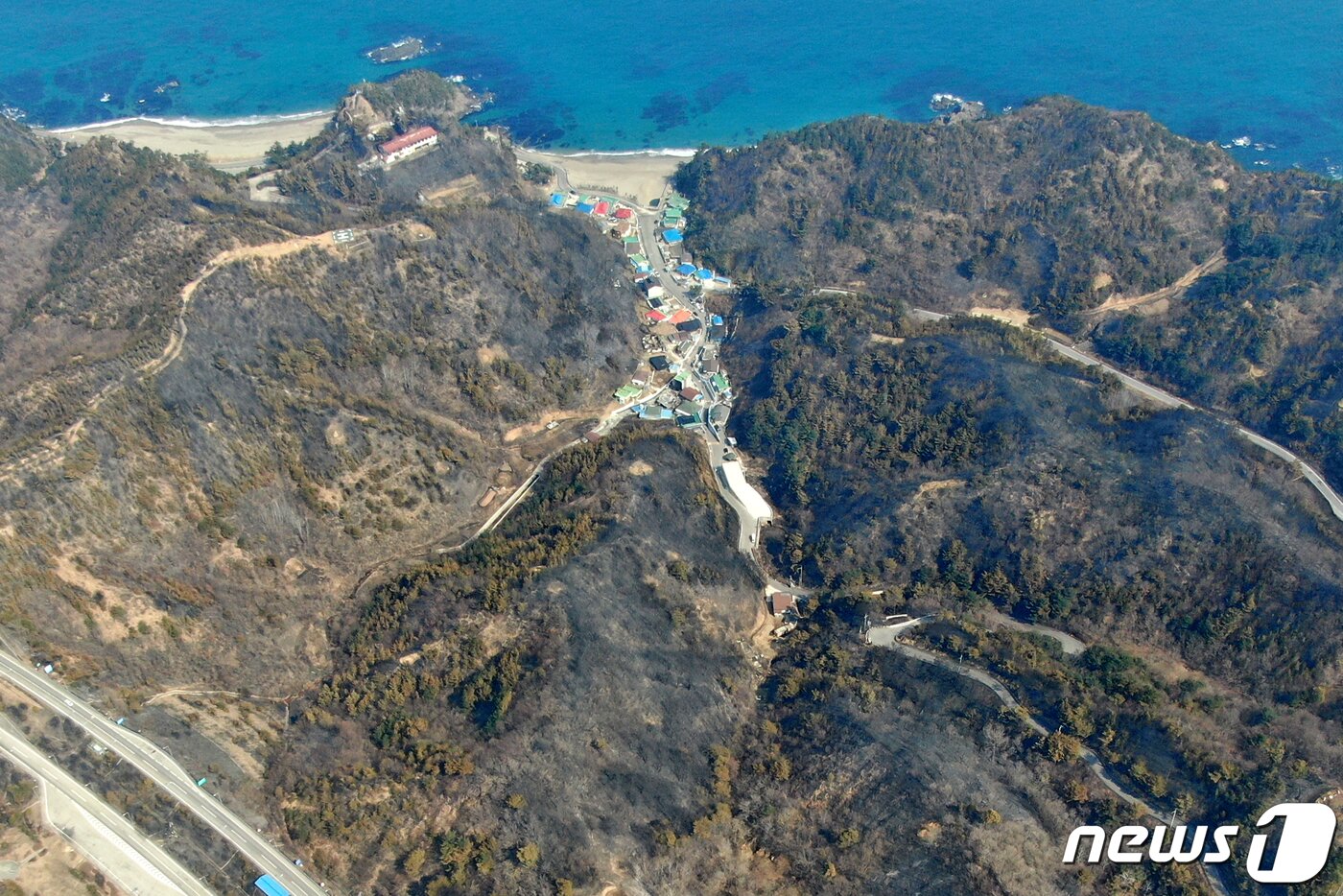 본문 이미지 - 경북 울진·강원 삼척 산불 엿새째인 9일 강원도 삼척시 원덕읍 월천리 고포해변 주변 일대 산림이 불에 타 까맣게 그을려 있다. 산림청과 소방당국, 지자체에 따르면 이날 울진˙삼척 산불의 전체 진화율은 70%까지 높아진 상황이다. 2022.3.9/뉴스1 ⓒ News1 민경석 기자