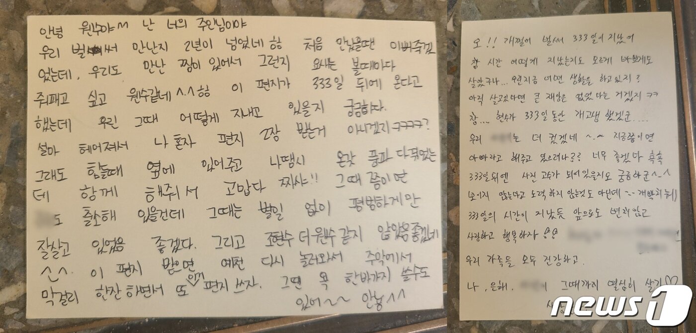 본문 이미지 - 이은해가 조현수에게 보낸 엽서글(왼쪽), 조현수가 이은해에게 보낸 엽서글(오른쪽). 엽서는 이씨가 도주 직전까지 살았던 주거지 우편함 속에 남겨져 있었다.2022.4.15/뉴스1 ⓒ News1 박아론 기자