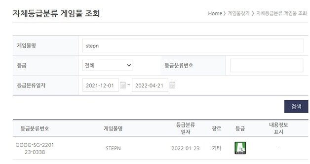 본문 이미지 - 게임물관리위원회 자체등급분류 게임물 'stepn' 조회 결과 (게임물관리위원회 캡처) /뉴스1