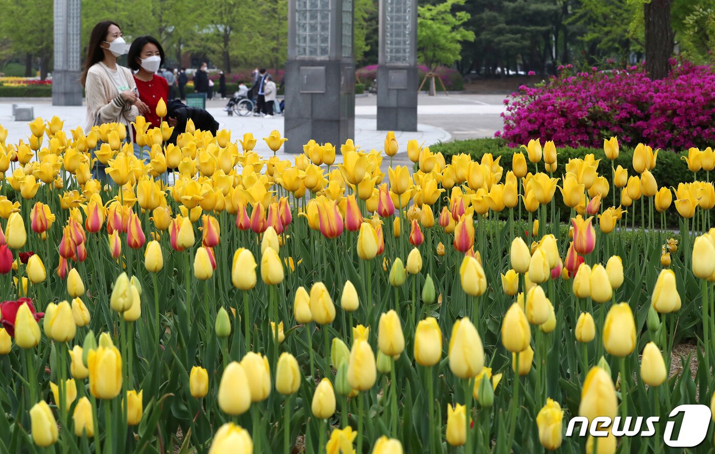 본문 이미지 - 22일 오후 경기도 고양시 일산호수공원에서 열린 2022 고양국제꽃박람회 화훼산업대전을 찾은 시민들이 즐거운 시간을 보내고 있다. 코로나19 영향으로 3년 만에 열린 이번 꽃박람회는 26일까지 계속된다. 2022.4.22/뉴스1 ⓒ News1 박세연 기자