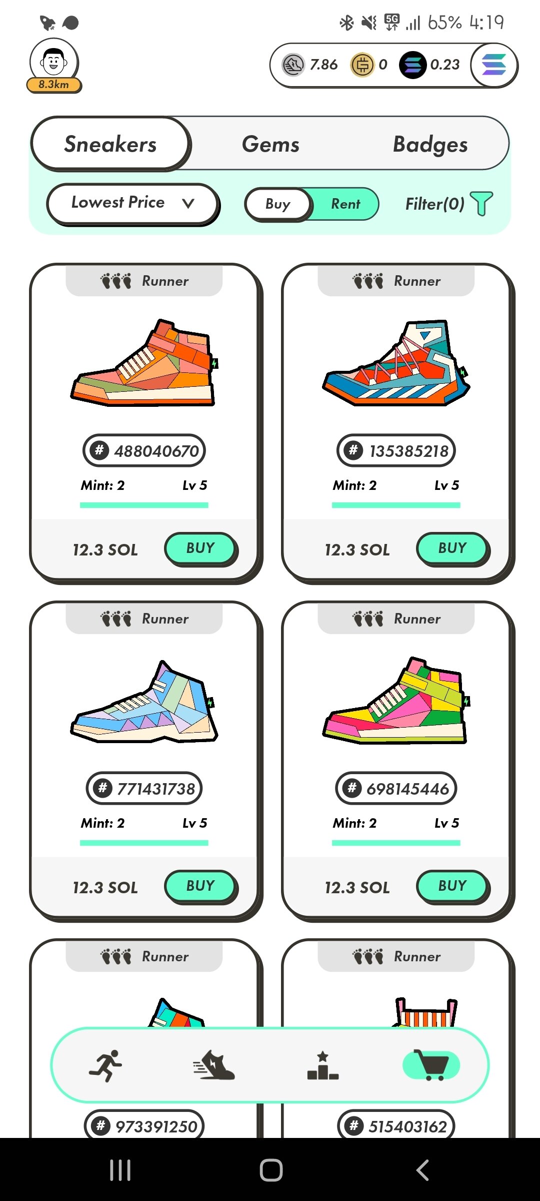 본문 이미지 - 25일 오후 4시께 스테픈 대체 불가능 토큰(NFT) 시장의 가장 저렴한 NFT 현황. 코인마켓캡에 따르면 이 시점 1SOL(솔라나)는 약 12만원에 거래됐다. (STEPN 애플리케이션 캡처) 2022.04.25 /뉴스1