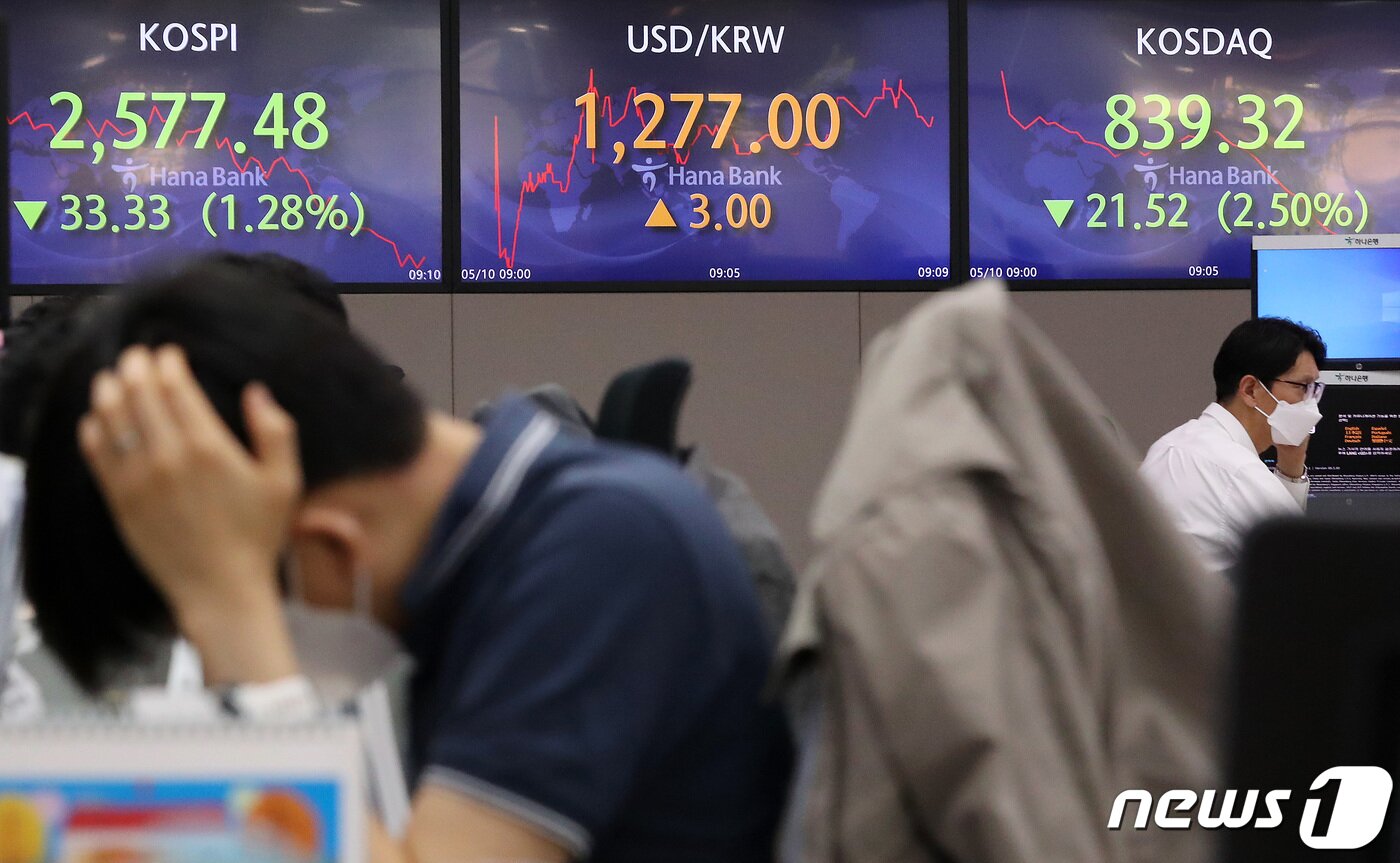 본문 이미지 - 인플레이션 우려로 미국 뉴욕증가 폭락한 10일 오전 서울 중구 하나은행 딜링룸 전광판에 코스피와 코스닥, 환율 정보가 표시되고 있다. 2022.5.10/뉴스1 ⓒ News1 이동해 기자