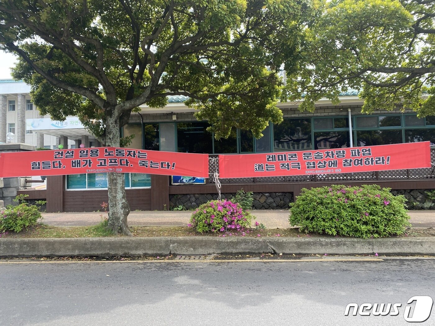 본문 이미지 - 제주지역 레미콘 운송사업자(기사)들이 제주도청 정문에서 집회를 열고 운송비 인상과 처우개선 등을 촉구했다. 사진은 운송기사측이 도청에 내건 현수막.ⓒ 뉴스1