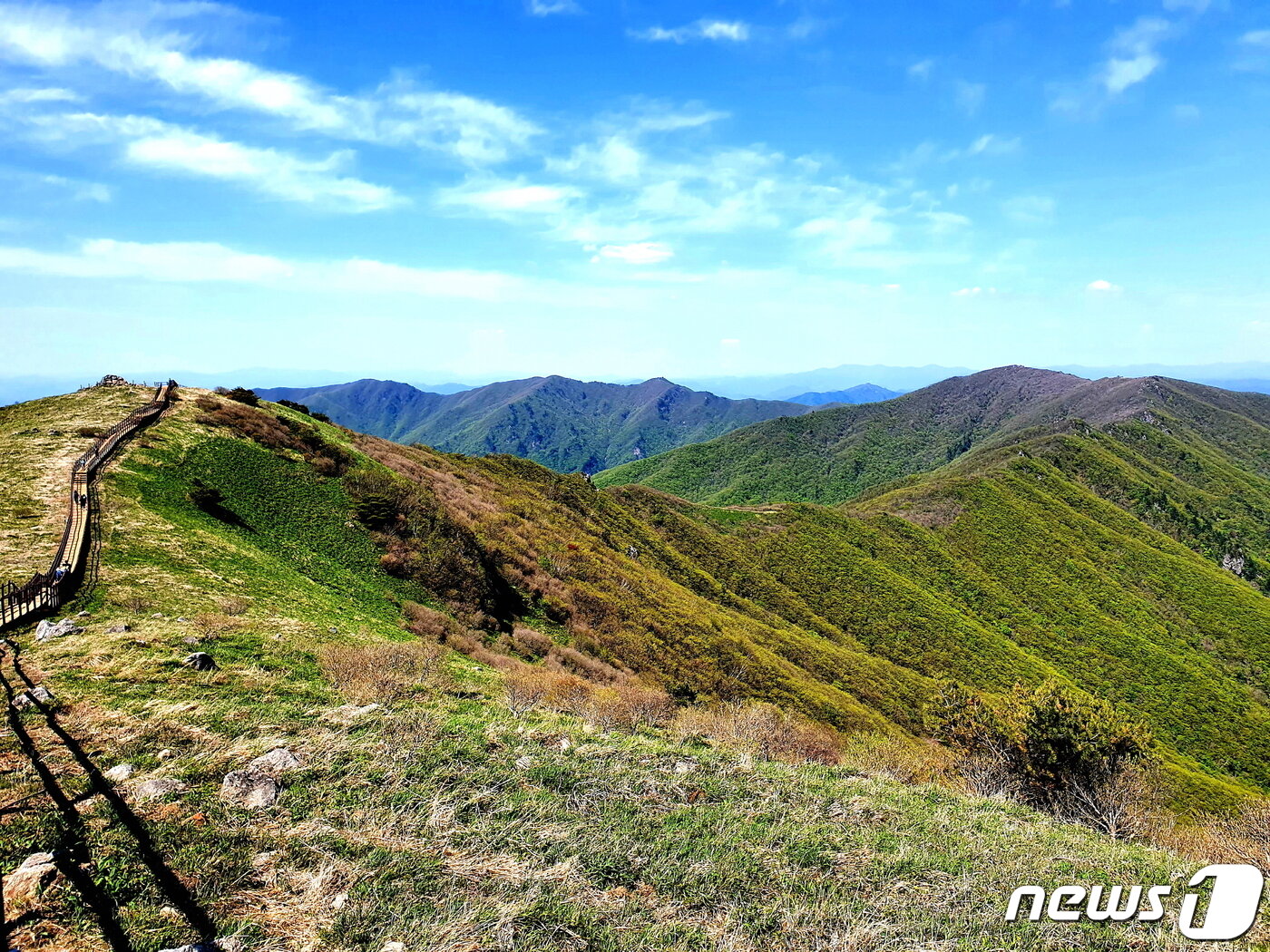 본문 이미지 - 비로봉에서 바라본 소백산 북쪽 백두대간. 오른쪽 끝부분 국망봉, 가운데 능선의 중앙 신선봉, 맨 뒤에 형제봉이 어른거린다 ⓒ 뉴스1