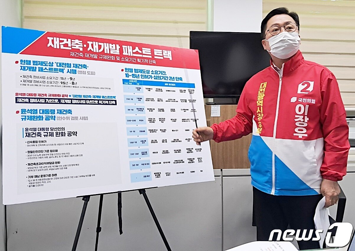 본문 이미지 - 국민의힘 이장우 대전시장 후보가 19일 시의회 브리핑룸에서 도시 개발 관련 공약을 발표하고 있다. ⓒNews1 최일 기자