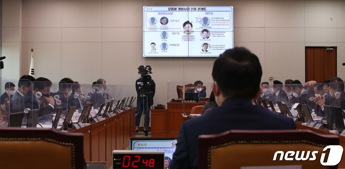본문 이미지 - 원희룡 국토부장관 후보자가 2일 서울 여의도 국회 국토교통위원회 회의실에서 열린 국토부장관 후보자 인사청문회에서 '오봉동 사업'과 관련한 질의를 받고 있다. (공동취재)2022.5.2/뉴스1 ⓒ News1 허경 기자