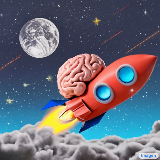 '달을 향해 향하는 로켓을 타고 있는 뇌'를 입력받은 구글 리서치의 브레인 팀이 개발한 인공지능 이매젠(Imagen)이 생성한 그림 (Imagen 공개 블로그 갈무리) 2022.05.24 /뉴스1