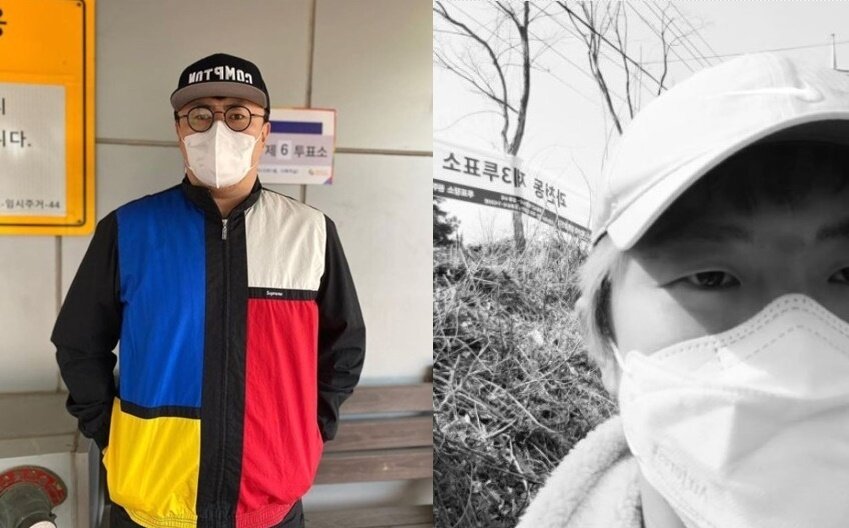 본문 이미지 - 제 20대 대선 당시 특정 후보를 지지 논란을 피하기 위해 번뜩이는 아이디어를 낸 가수 데프콘(왼쪽)과 웹툰작가 기안84 (인스타그램 갈무리) ⓒ 뉴스1