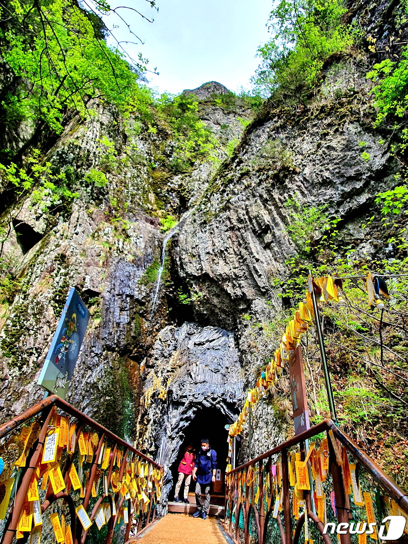 본문 이미지 - 주왕굴. 굴 입구에 소원을 비는 방문객들의 부적이 빼곡하다 ⓒ 뉴스1