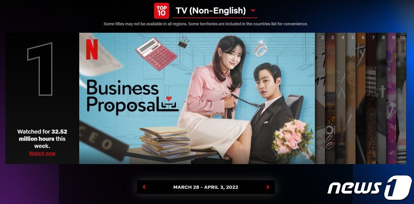 본문 이미지 - 4월 첫째 주 넷플릭스에서 1위를 차지한 드라마 '사내맞선'(넷플릭스 톱10 홈페이지 갈무리)ⓒ 뉴스1