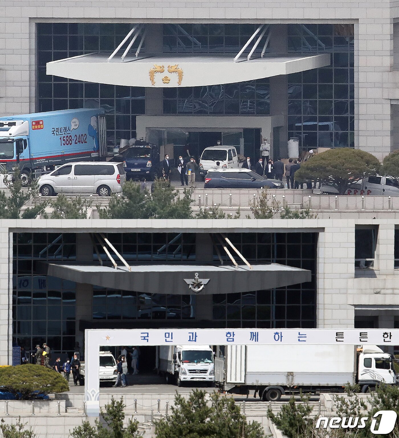 본문 이미지 - 윤석열 대통령 당선인의 취임 후 집무실 준비를 본격적으로 진행되고 있는 8일 서울 용산구 국방부청사에 대통령을 상징하는 봉황 장식이 걸려 있다(사진 윗쪽). 아랫쪽 사진은 지난달 8일 이사가 본격 시작된 국방부에 청사에 걸려 있는 국방부 마크. 2022.5.8/뉴스1 ⓒ News1 임세영 기자,송원영 기자
