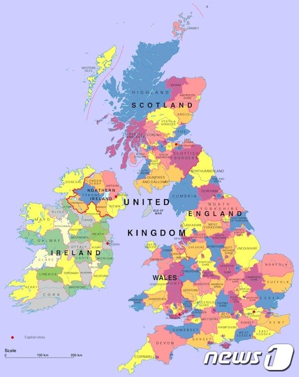 본문 이미지 - 영국 스코틀랜드, 잉글렌드, 웨일스, 북아일랜드 및 아일랜드 영토가 표시된 지도, ⓒ 핀터레스트(Pinterest)