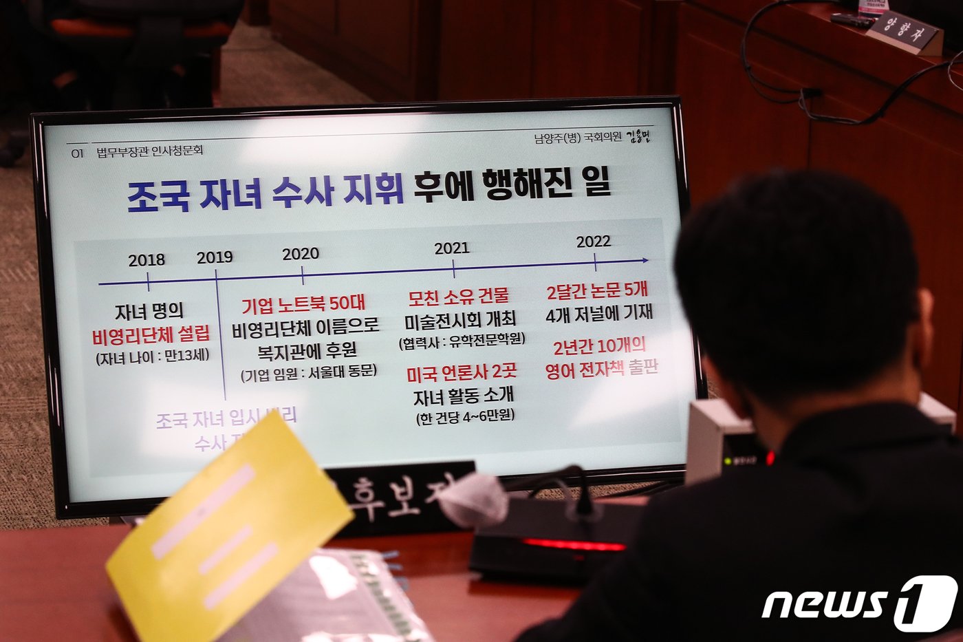 본문 이미지 - 한동훈 법무부 장관 후보자가 9일 오후 국회 법제사법위원회 전체회의실에서 열린 인사청문회에서 더불어민주당 김용민 의원이 준비한 자료를 보고 있다. &#40;공동취재&#41;2022.5.9/뉴스1 ⓒ News1 허경 기자