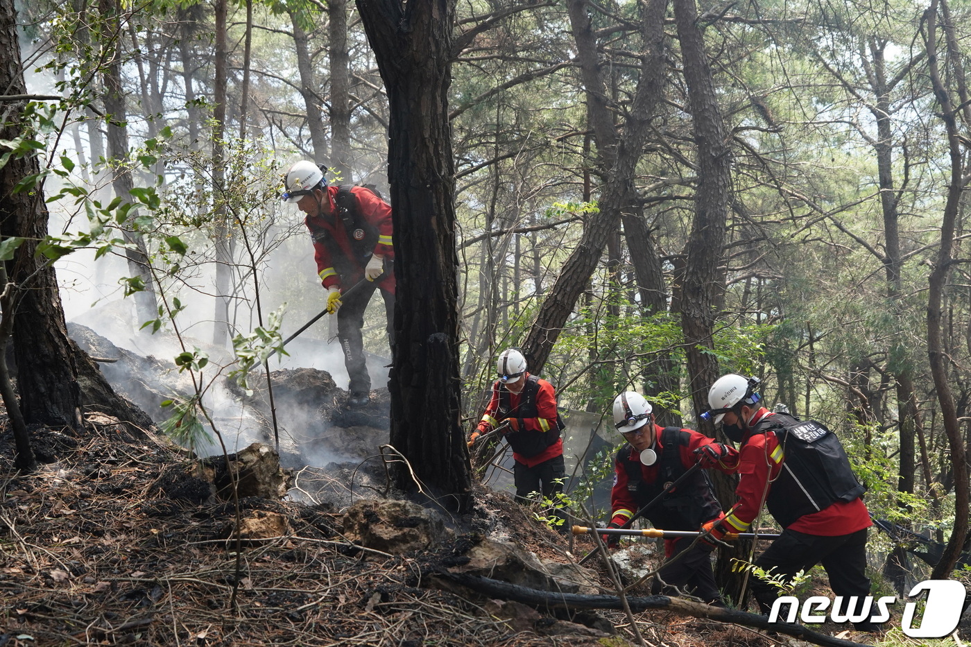 (서울=뉴스1) = 산림청 함양국유림관리소 소속 산불재난특수진화대원들이 2일 경남 밀양시 부북면 춘화리 일원에서 산불을 진화하고 있다. (산림청 제공) 2022.6.2/뉴스1
