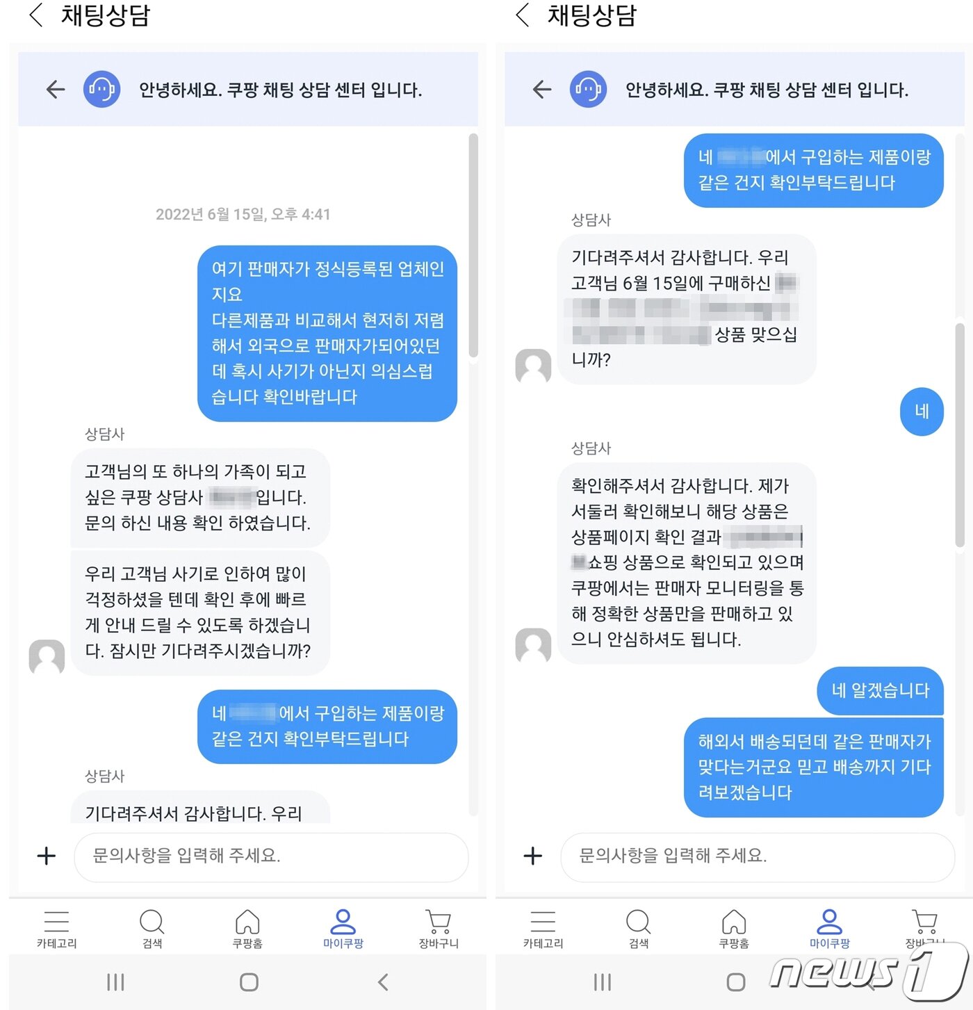 본문 이미지 - 쿠팡을 통해 해외 유령회사와 상품거래를 한 A씨와 쿠팡 고객센터와의 문의 대화 내용. (독자 제공) ⓒ 뉴스1