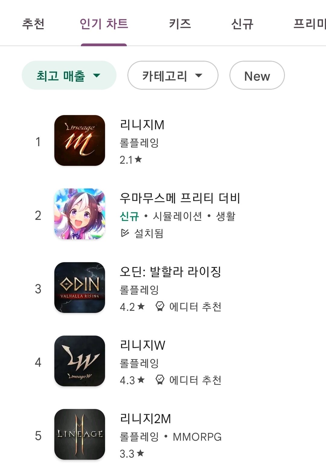 본문 이미지 - 구글플레이 게임 매출 순위. (구글플레이 캡처) ⓒ 뉴스1