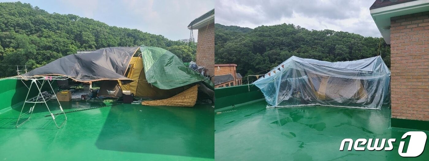 본문 이미지 - 위치를 옮겨서 더 꼼꼼하게 설치한 텐트. (온라인 커뮤니티 '보배드림' 갈무리) ⓒ 뉴스1
