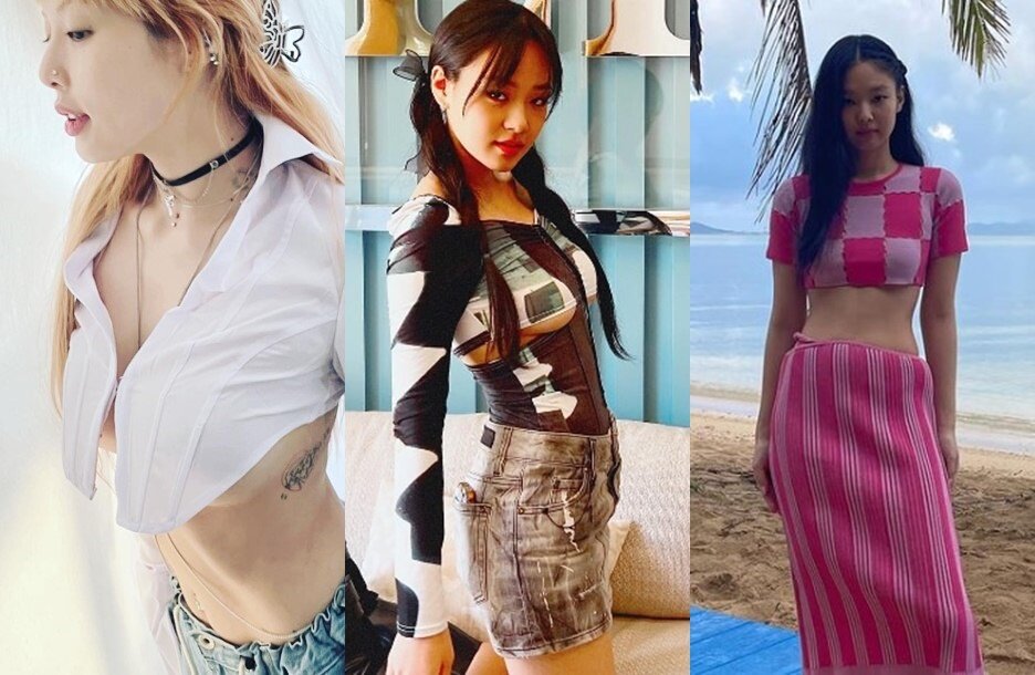 본문 이미지 - 밑가슴을 살짝 드러내 아찔한 섹시미를 자랑하는 '언더붑' 패션을 소화한 가수 현아(왼쪽부터), 비비, 그룹 블랙핑크 제니 (인스타그램 갈무리) ⓒ 뉴스1