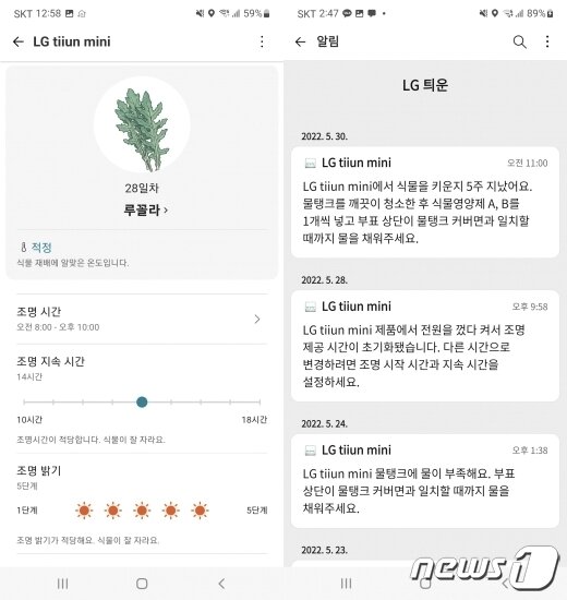 본문 이미지 - 조명 시간·밝기를 조절할 수 있는 'LG 씽큐' 애플리케이션 화면(왼쪽)과 일주일에 한번씩 물을 주라는 알림 화면(오른쪽) ⓒ 뉴스1