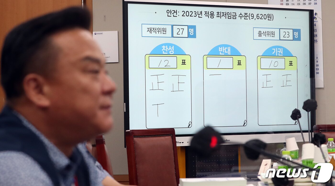 본문 이미지 - 29일 밤 정부세종청사 최저임금위원회 회의실에서 열린 제8차 전원회의에서 재적 27, 출석 23, 찬성12, 반대1, 기권 10으로 2023년 최저임금이 9천620원으로 결정된 가운데 근로자위원인 한국노총 이동호 사무총장이 입장을 밝히고 있다. 2022.6.29/뉴스1 ⓒ News1 김기남 기자