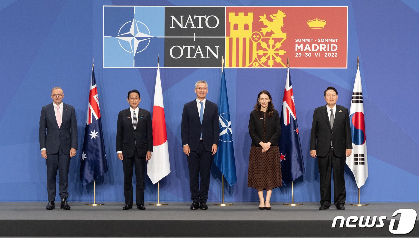 본문 이미지 - &#40;왼쪽부터&#41; 앤서니 노먼 알바니지 호주 총리, 기시다 후미오 일본 총리, 옌스 스톨텐베르그 나토 사무총장, 저신다 아던 뉴질랜드 총리, 윤석열 대통령&#40;나토 홈페이지&#41;/ ⓒ 뉴스1