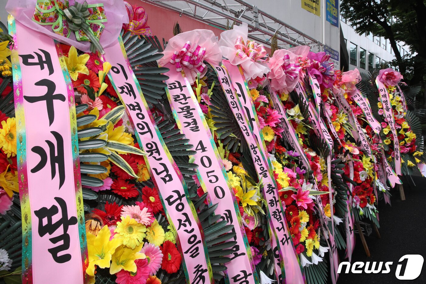 본문 이미지 - 6일 오전 서울 여의도 더불어민주당 중앙당사 들머리에 이재명 의원 지지자들이 보내온 화환들이 놓여있다. (공동취재) 2022.6.6/뉴스1 ⓒ News1 허경 기자