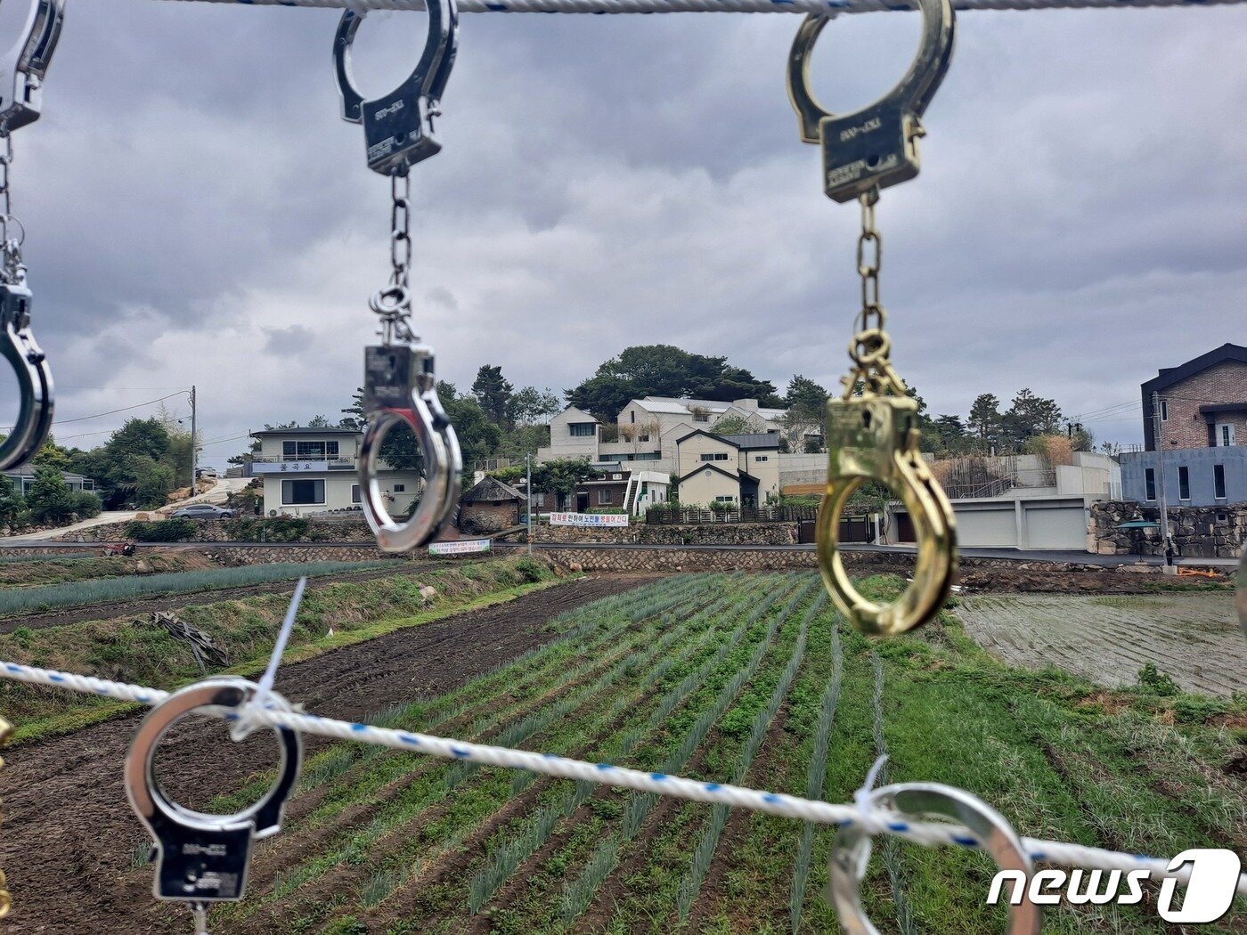 본문 이미지 - 한 보수단체 회원이 최근 양산 하북면 평산마을 앞 도로에 설치한 모조 수갑. 2020.06.08 ⓒ 뉴스1 김명규 기자