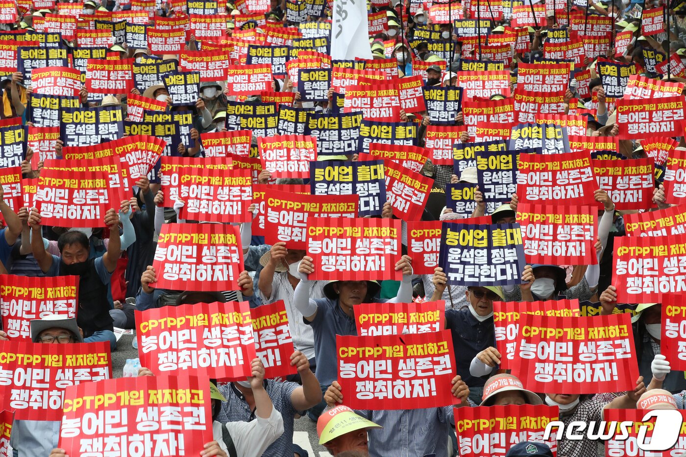 본문 이미지 - 2022년 7월 12일 오후 서울 용산구 서울역 인근에서 열린 환태평양경제동반자협정(CPTPP) 가입 저지 7.12범국민 대회에서 참석자들이 농어업홀대 윤석열 정부 규탄, 농어민 생존권 쟁취를 외치고 있다. 2022.7.12 ⓒ 뉴스1 임세영 기자