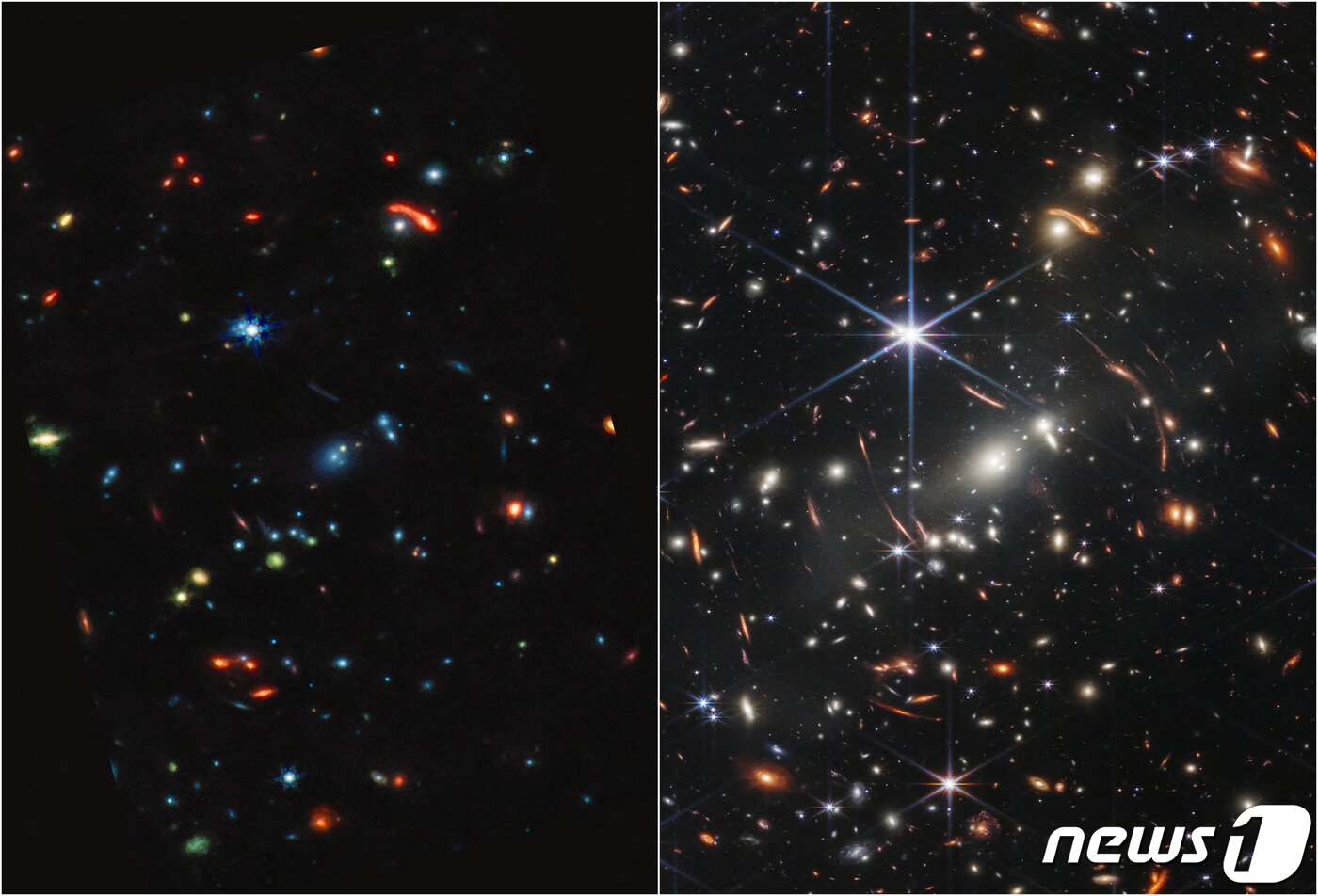 본문 이미지 - 미국 항공우주국(NASA)의 제임스웹 우주망원경으로 촬영한 풀컬러 우주사진이 12일(현지시간) 공개하고 있다. ⓒ 로이터=뉴스1 ⓒ News1 박세연 기자