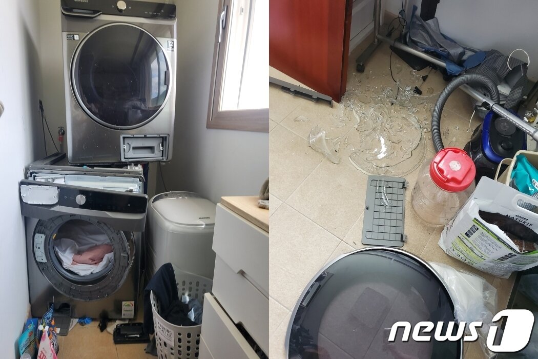 본문 이미지 - 2년 전 구입한 삼성전자 세탁기(아래)가 폭발한 모습. (네이버 카페 갈무리) ⓒ 뉴스1