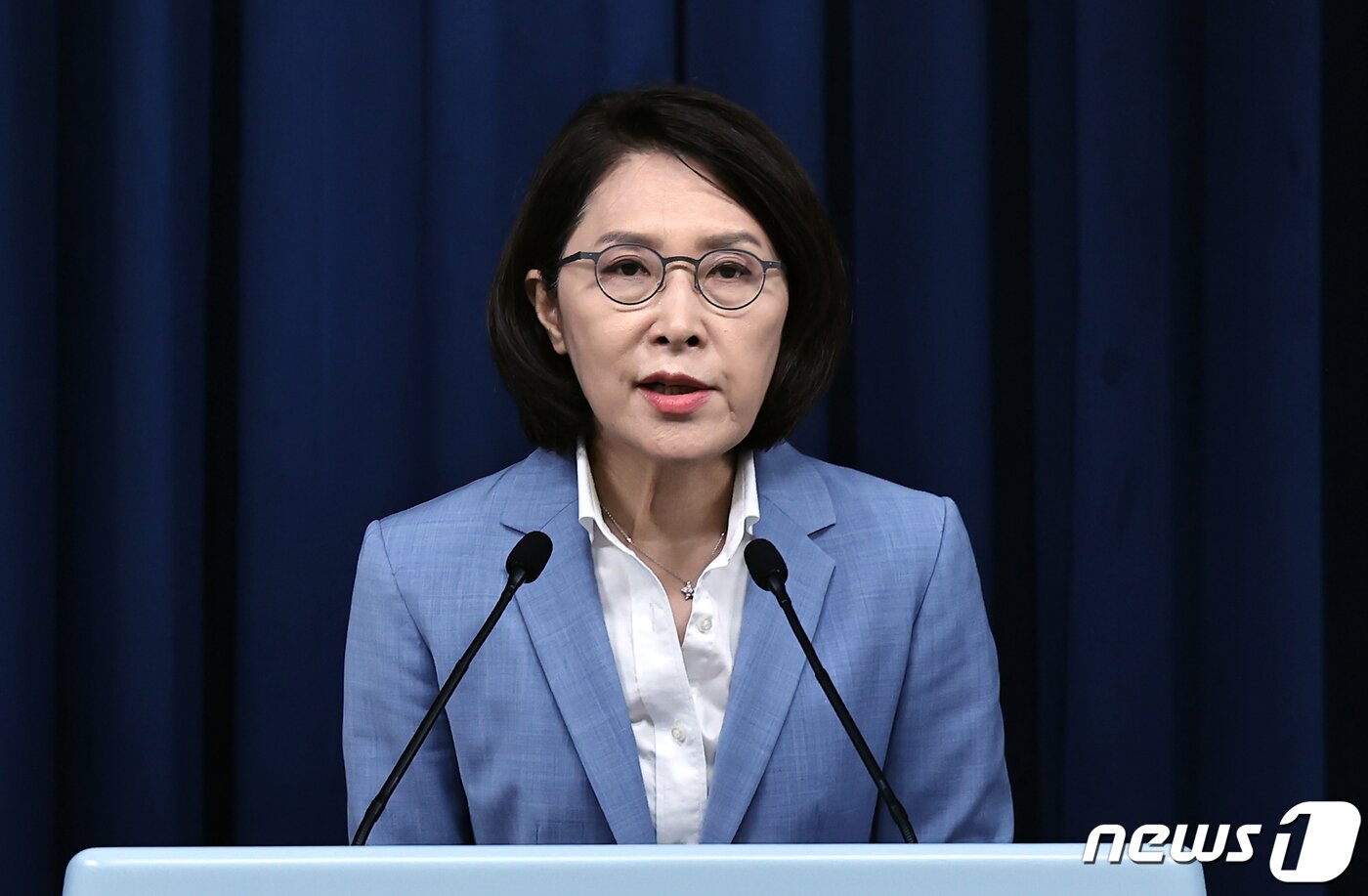 본문 이미지 - 강인선 대변인이 19일 오후 용산 대통령실 브리핑룸에서 재닛 옐런 미국 재무장관 접견 관련 브리핑을 하고 있다. (대통령실사진기자단) 2022.7.19/뉴스1 ⓒ News1 오대일 기자