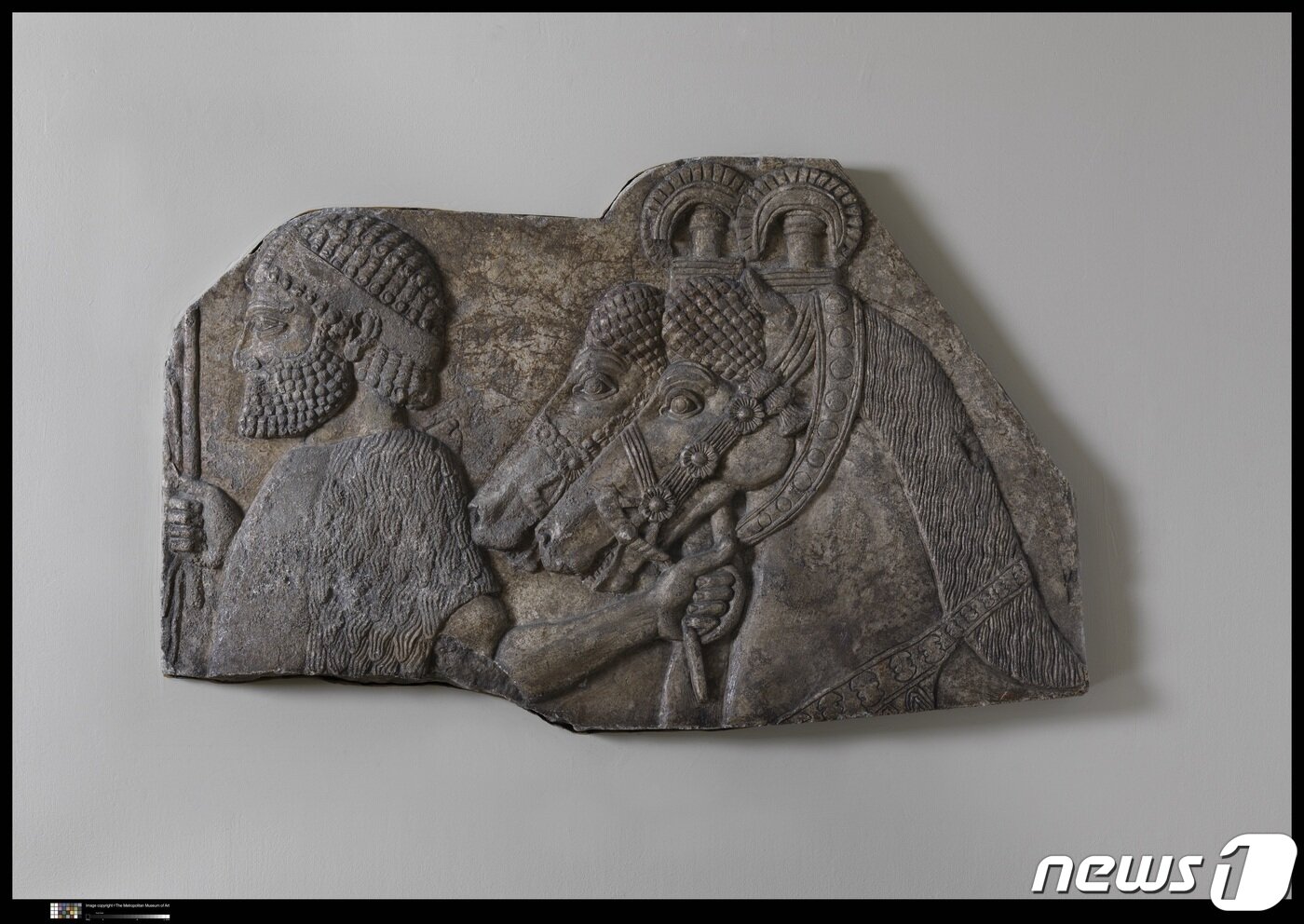 본문 이미지 - 조공 행렬에 선 외국인 마부. 기원전 약 721~705년, 신-앗슈르 시대 코르사바드 출토, 설화석고, 49.3&times;79.5&times;10.4㎝미국 메트로폴리탄박물관 소장. ⓒ 뉴스1