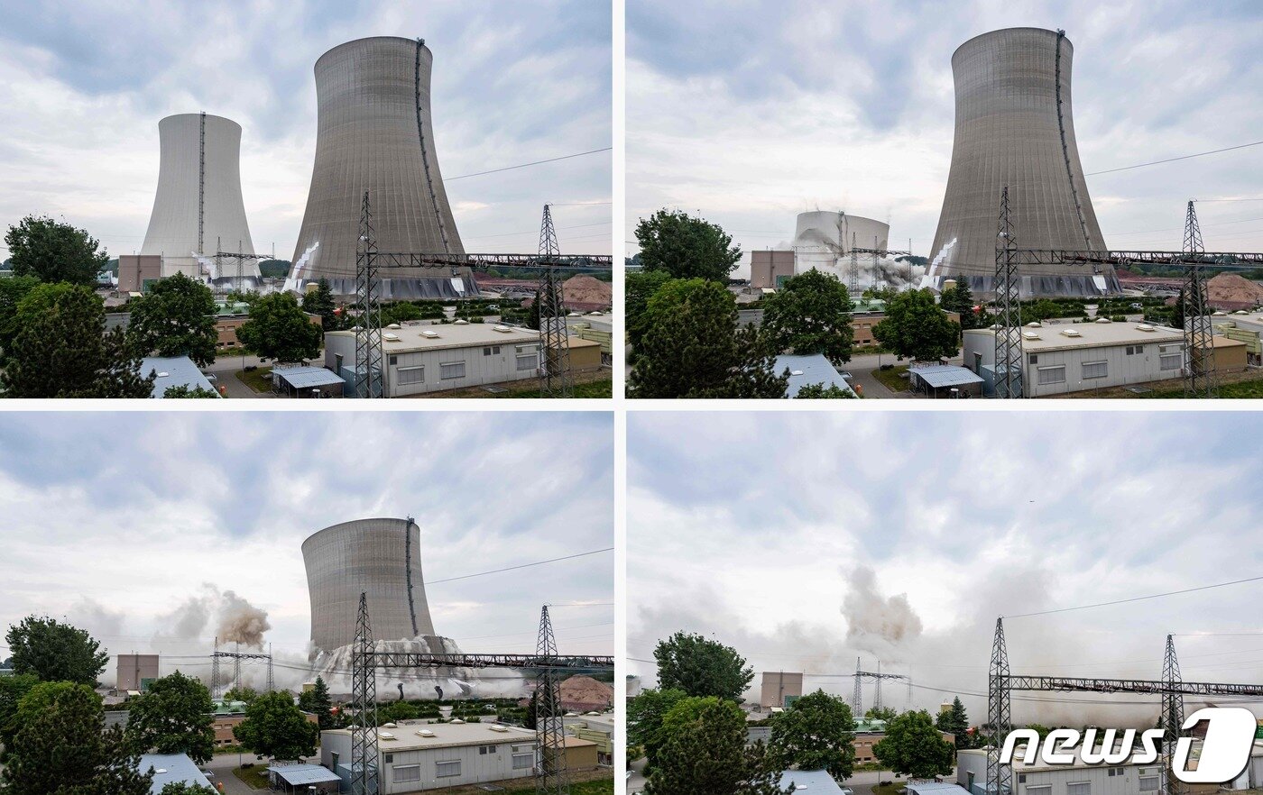본문 이미지 - 2020년 5월14일(현지시간) 독일 필립스부르크 원자력발전소의 냉각탑 2개동이 발파 해체되는 모습. 20.05.14 ⓒ AFP=뉴스1 ⓒ News1 김예슬 기자