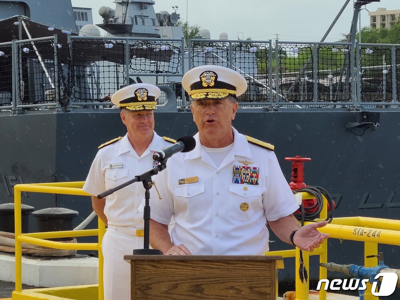본문 이미지 - 마이클 보일 미 해군 제3함대사령관이 8일(현지시간) 미 하와이 진주만에서 열린 림팩 미디어데이 행사에서 발언하고 있다.ⓒ 뉴스1