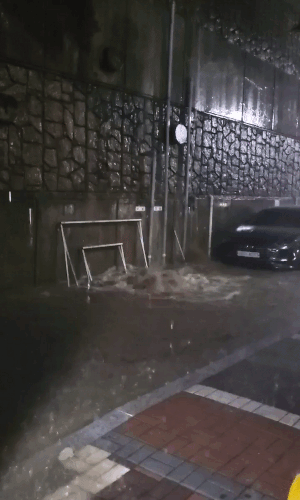 본문 이미지 - 8일 오후 10시쯤 서울 동작구 사당동 극동아파트에서 축대가 무너지기전 하수도에서 역류하는 모습. (영상=독자 강용순씨 제공) ⓒ 뉴스1