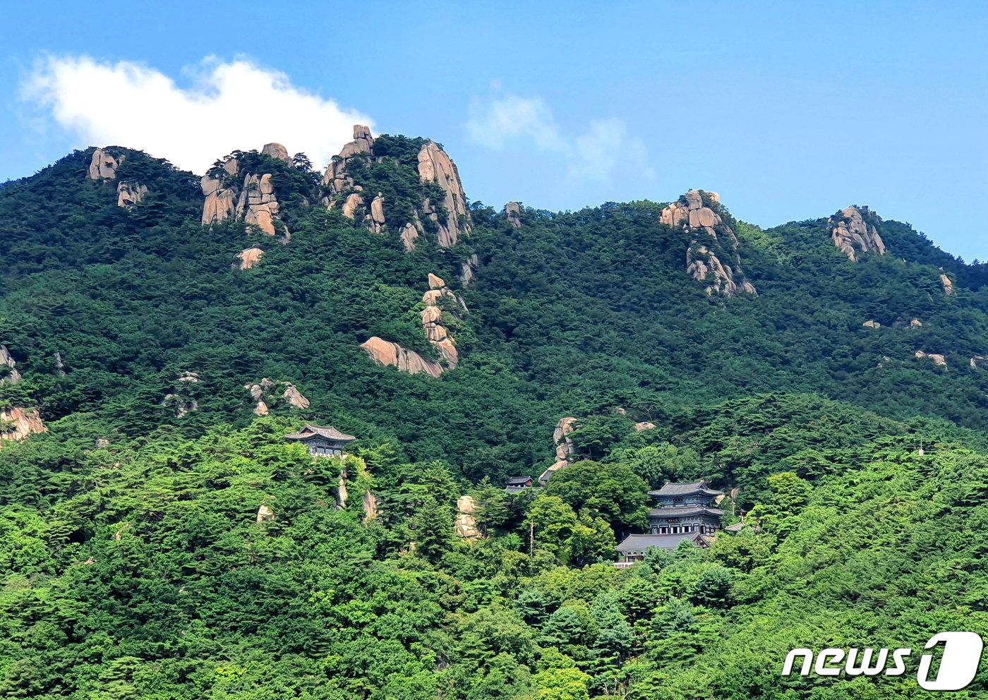 다락능선에서 올려다 본 포대능선 암봉들의 위용. 그리고 산에 안긴듯한 망월사