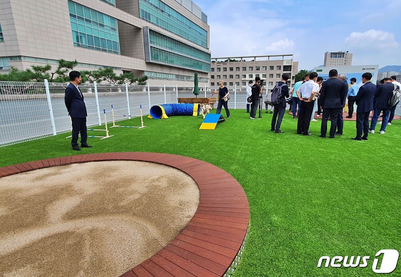 본문 이미지 - 18일 서울 광진구 건국대학교 내 문을 연 반려동물 헌혈센터 'KU 아임도그너(KU I'M DOgNOR) 헌혈센터' 옥상 공원 ⓒ 뉴스1 최서윤 기자