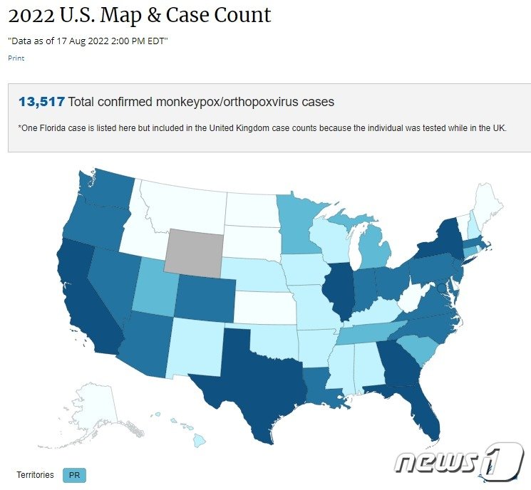 본문 이미지 - 8월17일 기준 미국 내 원숭이 두창 확진자 수가 1만3500명을 초과했다. &#40;미 질병예방통제센터, CDC 갈무리&#41;
