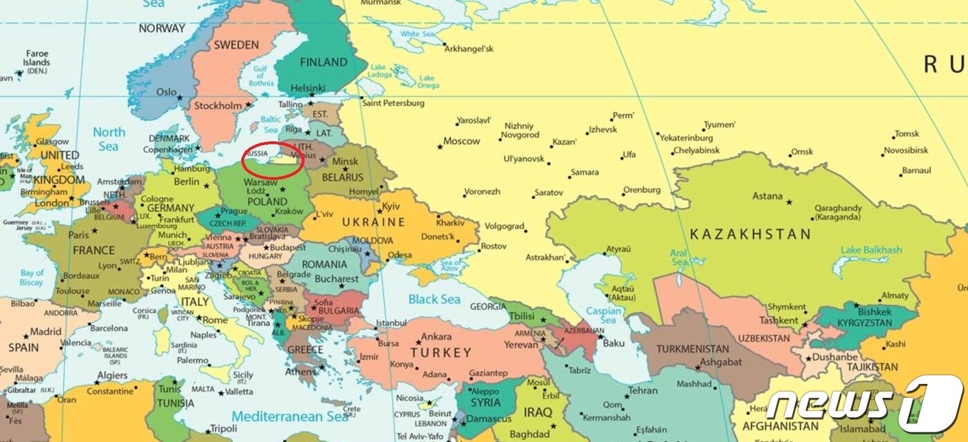 본문 이미지 - 유럽 지도상 칼리닌그라드(표시) 위치. 지도는 월드오미터(worldometers) 갈무리.