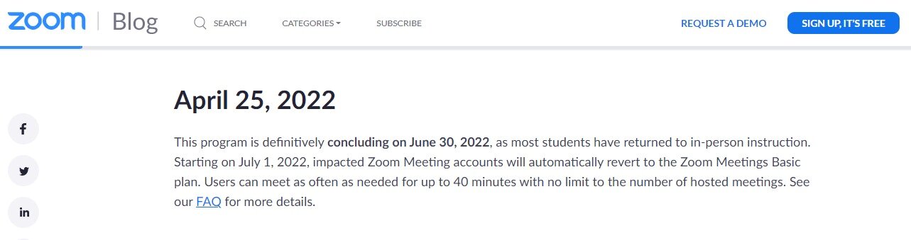 본문 이미지 - 지난 4월25일 업데이트된 줌 교육용 계정 관련 공지사항. (줌 블로그 홈페이지 갈무리)