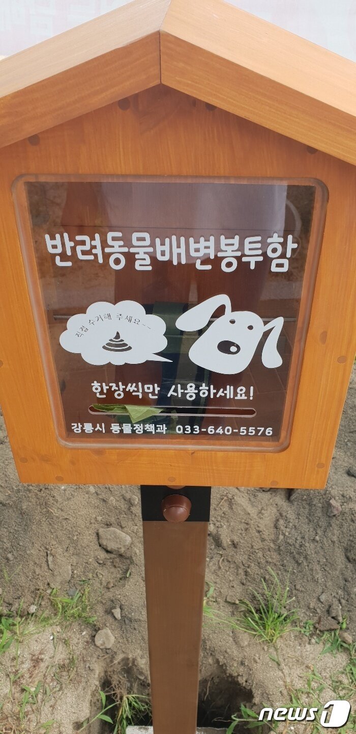 본문 이미지 - 강릉 바우길 펫구간 반려동물 배변봉투함.(강릉시 제공) 2022.8.23/뉴스1